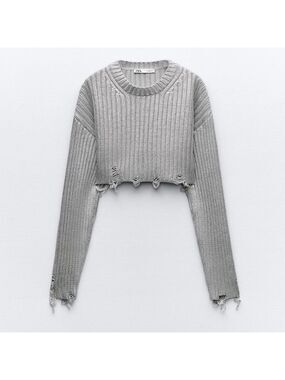 Zara ZW Collection CONTRAST TRIM KNITTED POLO SWEATER Silver / Metallic Size L